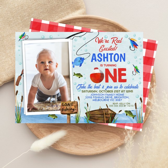 Blårött ofiskfiske, utfiskat fiske 1:a födelsedage inbjudningar (Boys Fishing 1st Birthday Invitation Ofishally One Reel Excited Big One, Fishing Themed 1st Birthday)