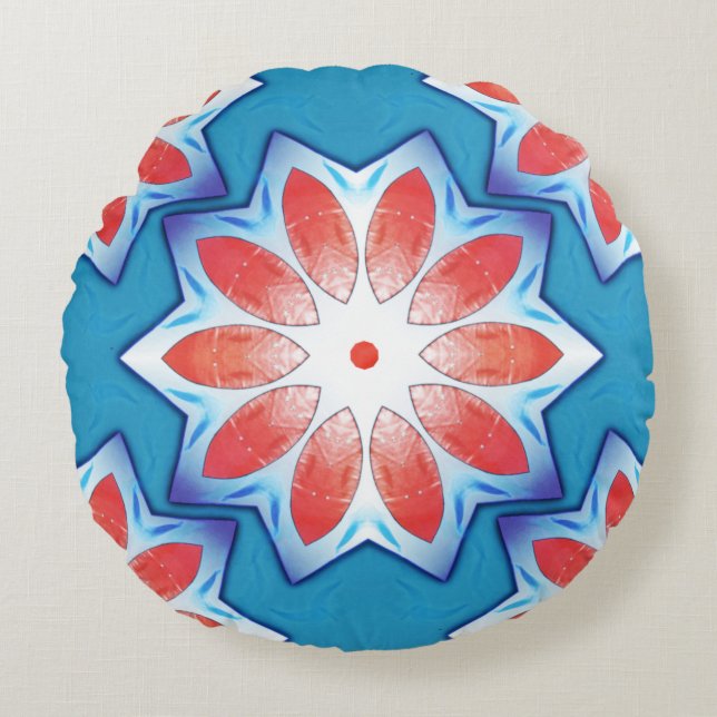 Blårött tio stub-stjärna kaleidoskop i mjuk, blank rund kudde (Framsidan)