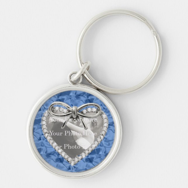 Blårund Diamond Heart Ram-nyckelkedja Rund Silverfärgad Nyckelring (Framsidan)
