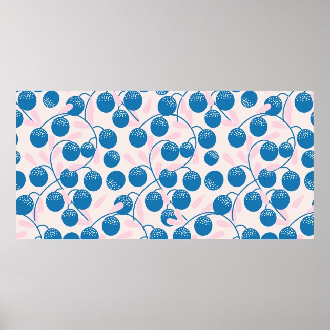 Blårunda frukter med rosa löv, sömlösa poster (Framsidan)