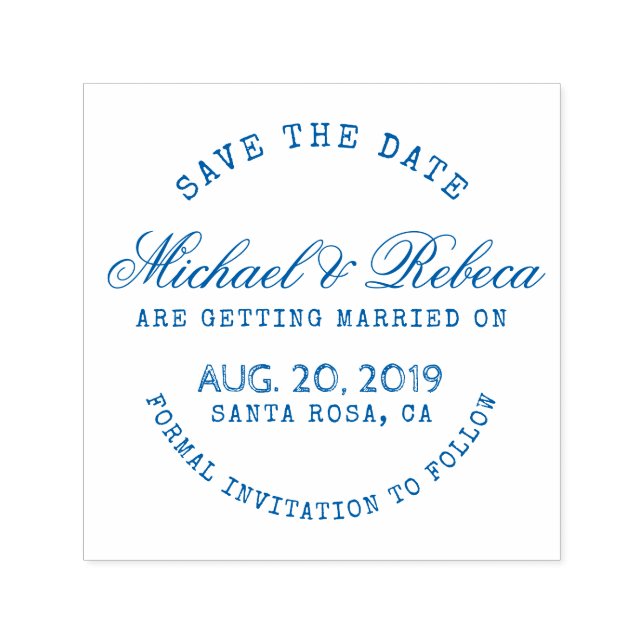 Blårundig typografi - Rustic - spara datumet Bröll Självfärgande Stämpel (Design)