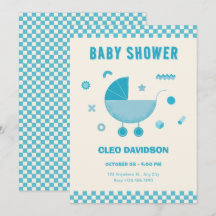 Blårutig barnvagn baby shower