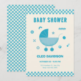 Blårutig barnvagn baby shower inbjudningar
