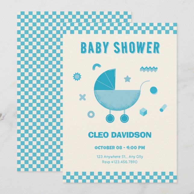 Blårutig barnvagn baby shower inbjudningar (Fram/baksida)