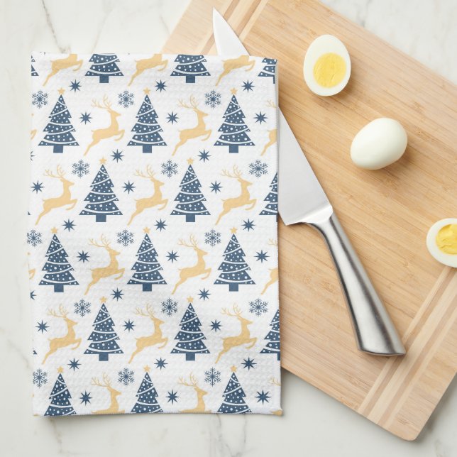 BLÅS HELGDAG- OCH GULT-REINDEER KÖKSHANDDUK (Vikt i Fjärdedel)