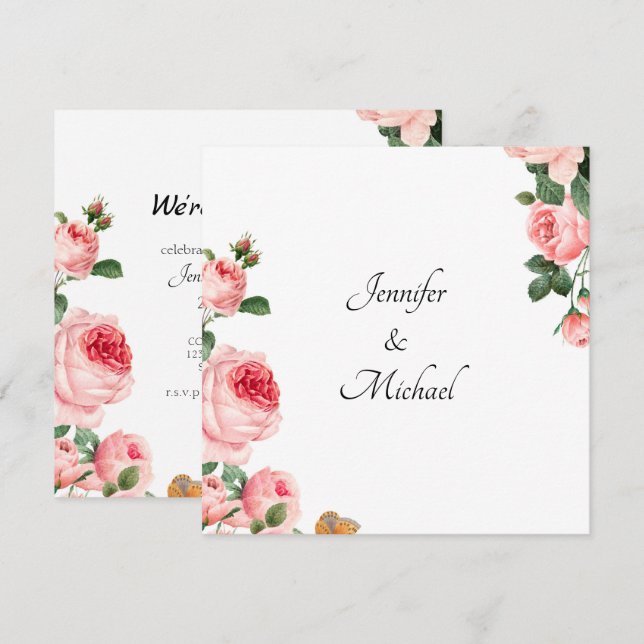 Blås inbjudan till Förlovningsfesten Rosa ros (Fram/baksida)
