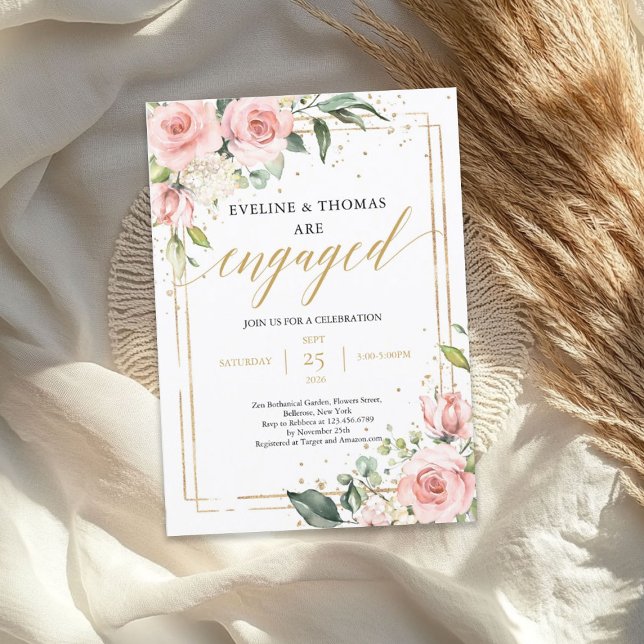 Blås ro  rosa blommigt guld förlovning inbjudningar (Blooming roses blush pink floral gold engagement invitation)