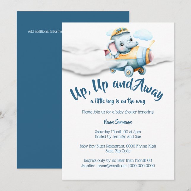 Blåsafari av elefantbabyduschpojkar i flygplan inbjudningar (Fram/baksida)