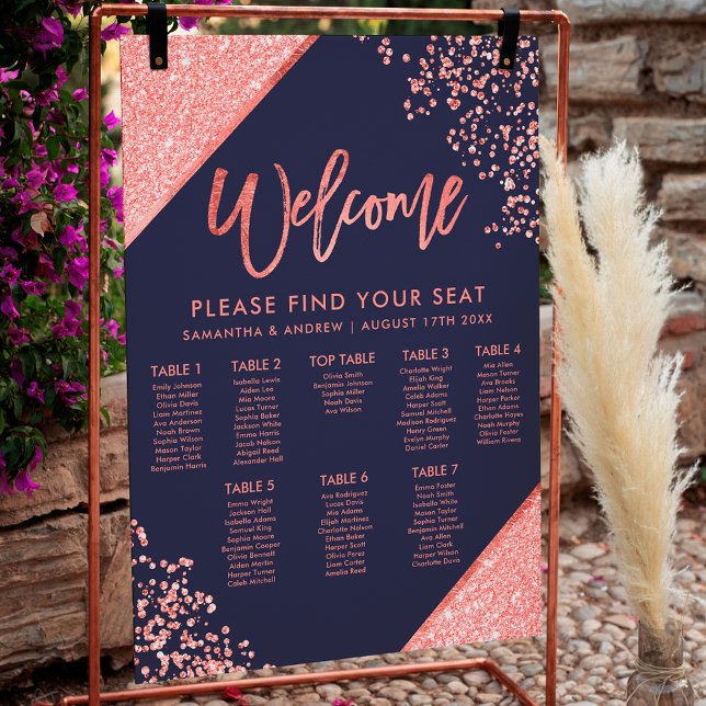 Blåsätet i den moderna korallsjön glitter bröllop poster (Modern coral glitter navy blue wedding seating poster)