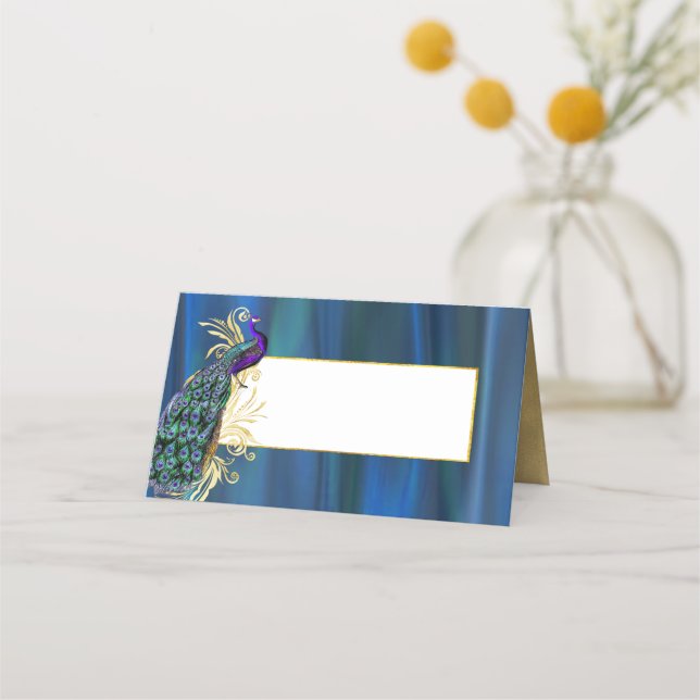 Blåsidigt platskort och peacock Bröllop-mappat pla Placeringskort (Framsida)