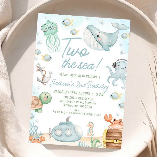 Blåsjön - två havets andra födelsedag inbjudningar (Boys Two The Sea 2nd Birthday Invitation, Under the Sea Themed Birthday Party Invite, Ocean Critters)