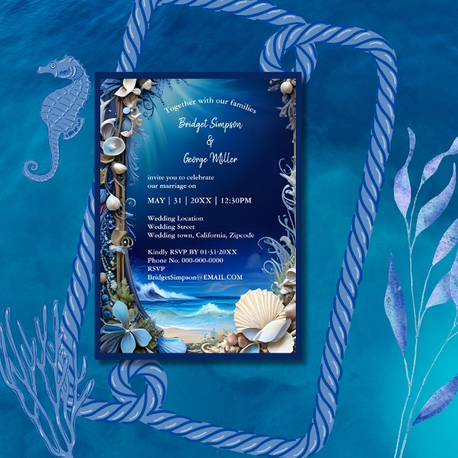 Blåskalig bröllopsinbjudan för kustvibe (Skapare uppladdad)