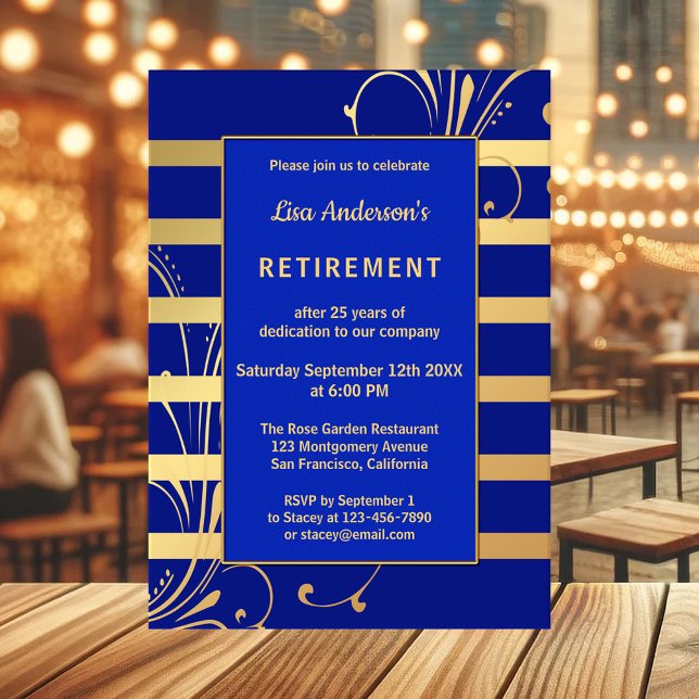 Blåskalig inbjudan till Blommigt i stripe i Pensio (Elegant retirement party invitation in navy and royal blue with gold stripes and floral designs)