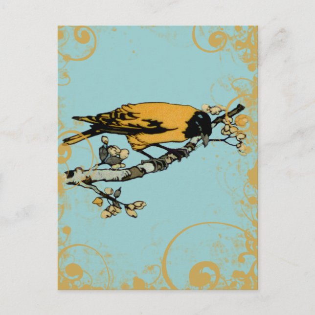 Blåskalv och guld Gult Vintage Bird Vykort (Framsida)