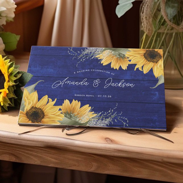 Blåskogad rustig solros bröllop gästböcker (Navy blue rustic watercolor sunflower themed wedding guestbook)