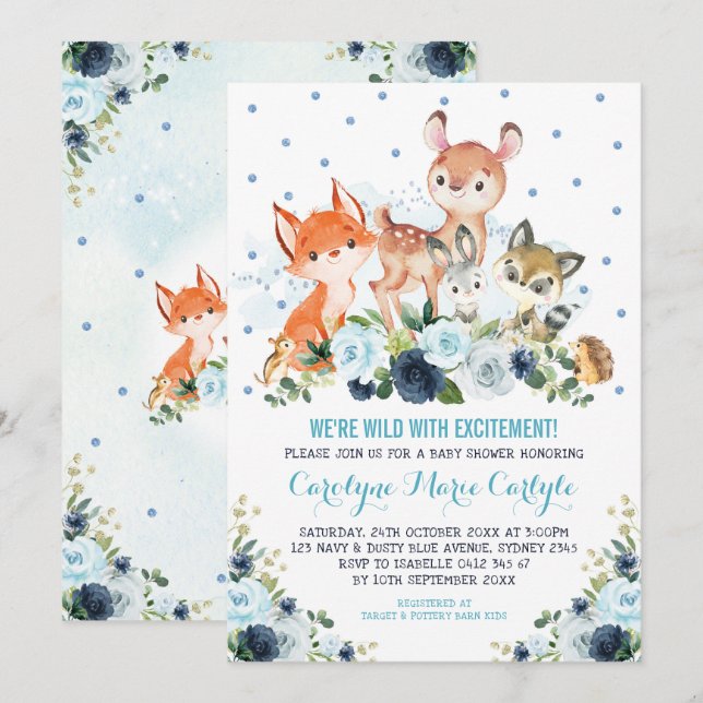 Blåskogsdjur i Cute Navy Forest Animals Baby Showe Inbjudningar (Fram/baksida)