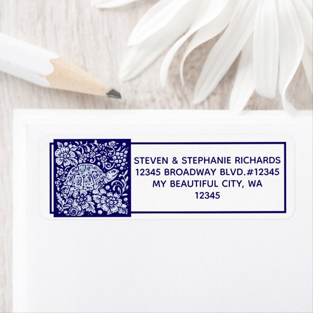 Blåsköldpadda Garden Blommigt Snigel Cute Delft Returadress Etikett (Insitu)