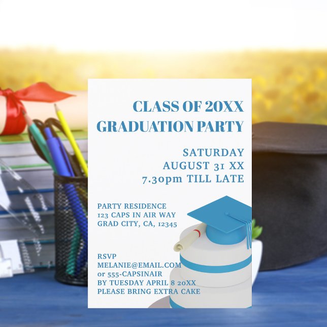 Blåskolklass i Studentkort Inbjudningar (Add your graduation party details to this fun Grad Cap Cake party invitation)