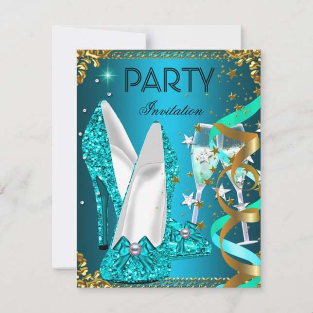 Blåskor i födelsedagsfest Guld Inbjudningar (Framsida)