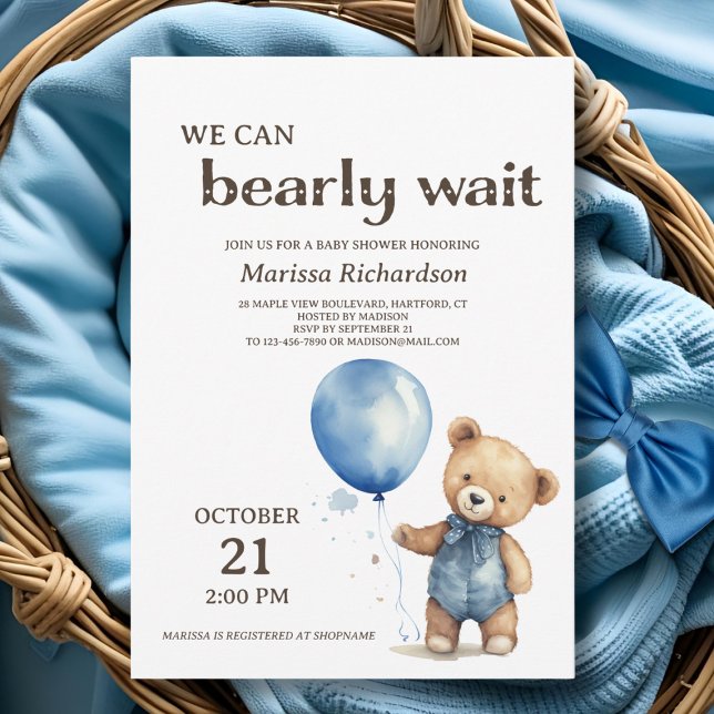 Blåskorgsjuvinbjudan till Blue Nalle Boy Shower Inbjudningar (cute elegant custom we can bearly wait teddy bear blue baby boy shower invitation)