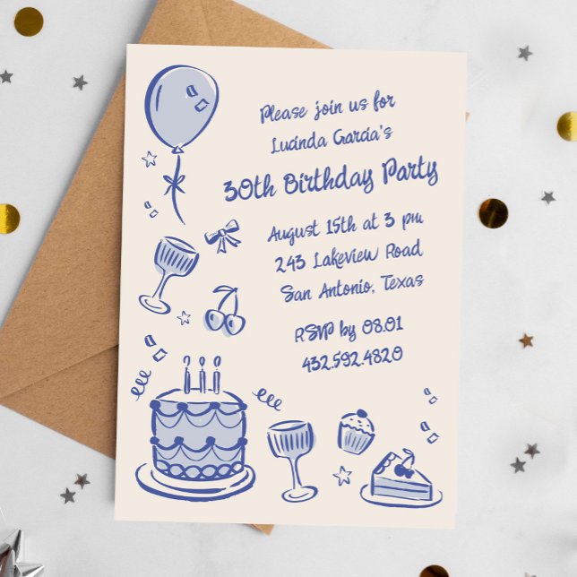 Blåskribbel Hand plockade 30års födelsedag Party Inbjudningar (Blue 30th birthday party invite in whimsical scribble style)