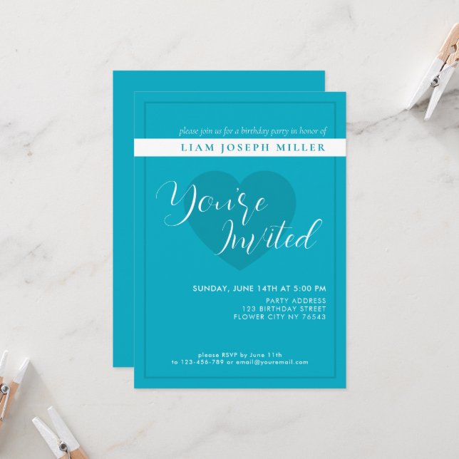 Blåskribentinbjudan till Bright Rik Himmel Birthda Inbjudningar (Fram/Back In Situ)