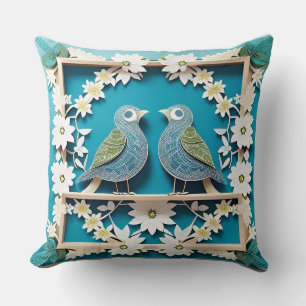 🌸 Blåskrika Fågel Blommig Natur Present 🐦 Kudde