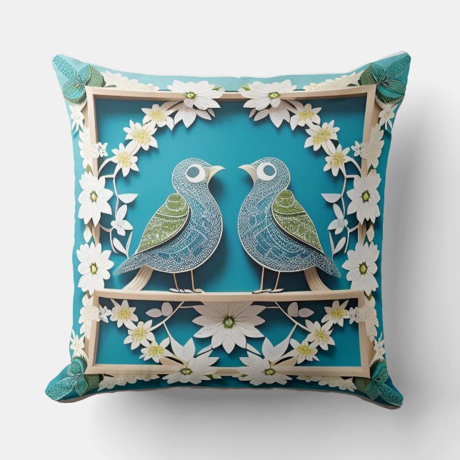🌸 Blåskrika Fågel Blommig Natur Present 🐦 Kudde (Framsida)