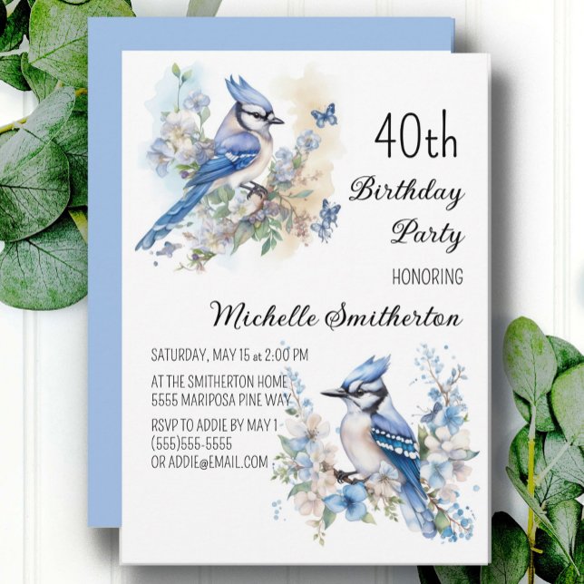 Blåskrika Fågel Blommor Vår 40-årsdag Inbjudningar (Blue jay and butterflies 40th birthday party customizable invitation for women)