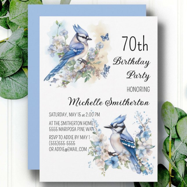 Blåskrika Fågel Blommor Vår 70-årsdag Inbjudningar (Blue jay women's 70th birthday party custom invitations)