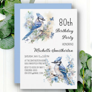 Blåskrika Fågel Blommor Vår 80-årsdag Inbjudningar