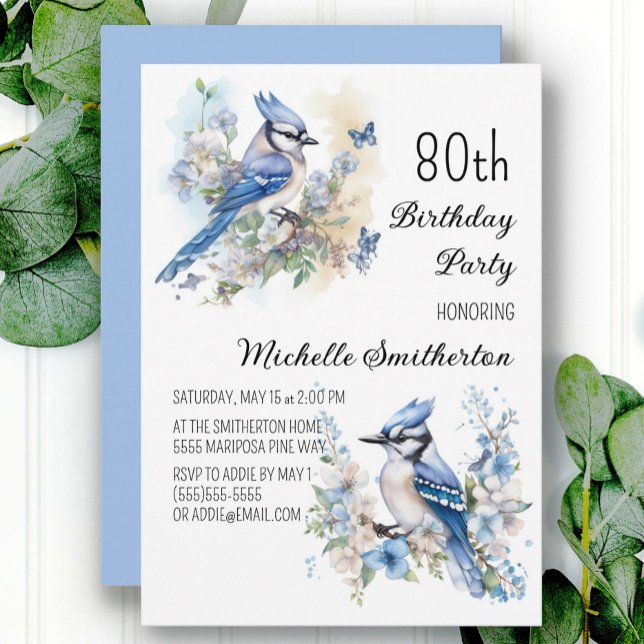 Blåskrika Fågel Blommor Vår 80-årsdag Inbjudningar (Skapare uppladdad)