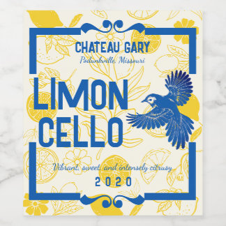 Blåskrika fågel citroner limoncello likör vinäger vinflaska etikett