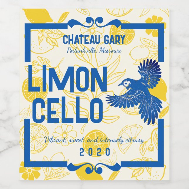 Blåskrika fågel citroner limoncello likör vinäger vinflaska etikett (Singel etikett)