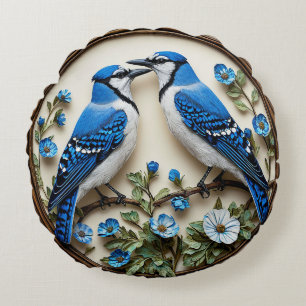 🌿 Blåskrika Fågel Inredning för Vardagsrum 🐦✨ Rund Kudde