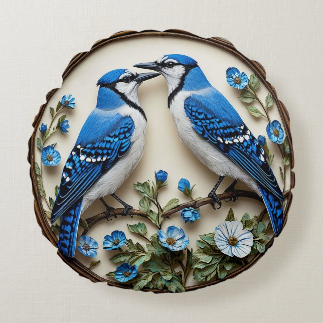 🌿 Blåskrika Fågel Inredning för Vardagsrum 🐦✨ Rund Kudde (Framsidan)