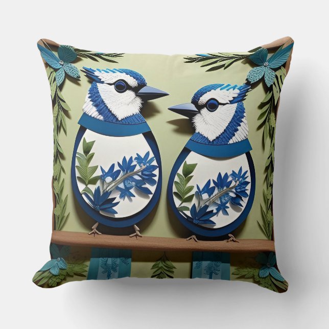 🌸 Blåskrika Fågel Konstnärlig Natur Dekoration 🐦 Kudde (Framsida)