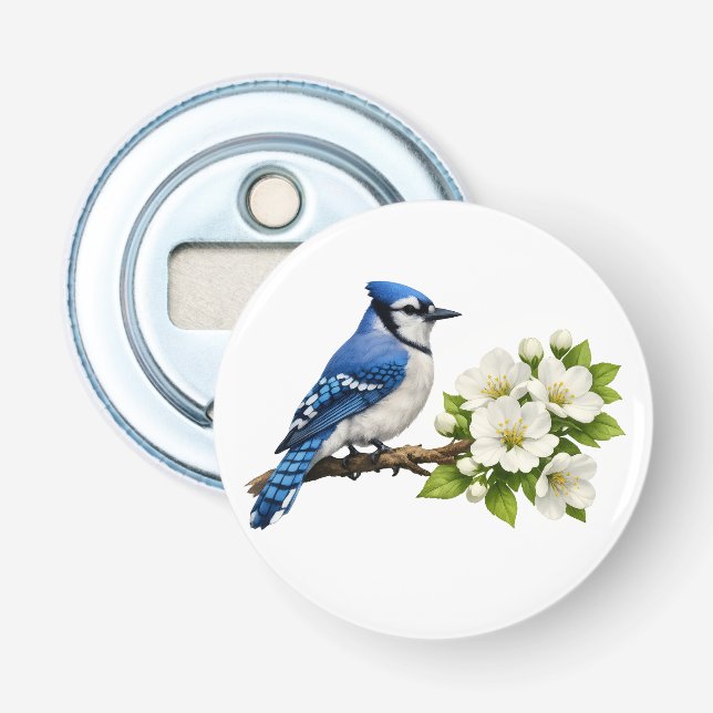 Blåskrika med vita blommor flasköppnare (Framsidan)