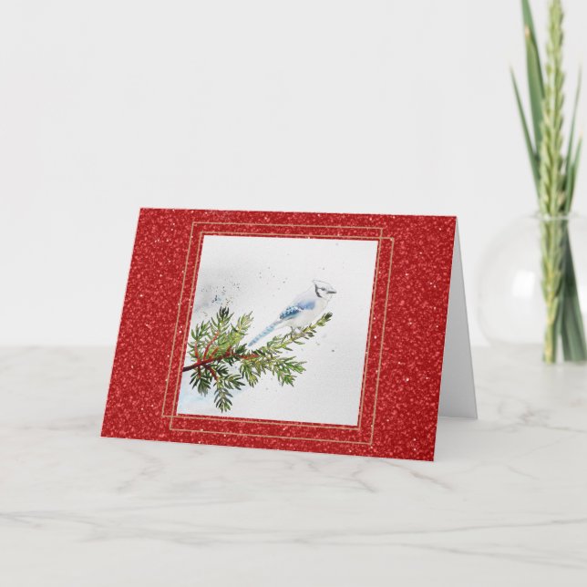Blåskrika på en tallgren jul kort (Framsida)