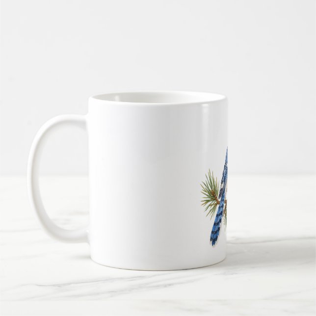 Blåskrika på en tallgren kaffemugg (Vänster)