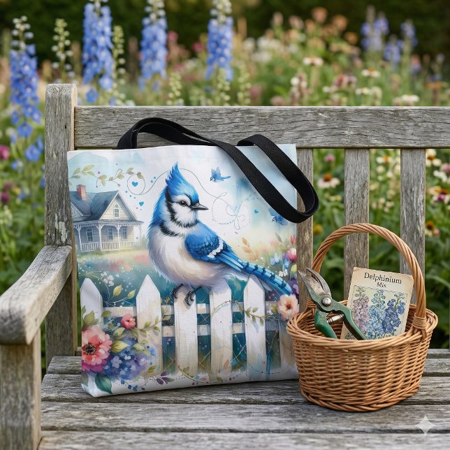 Blåskrika Stugträdgård Staket Scen Tygkasse (Blue Jay Cottage Garden Fence Scene Tote Bag On Weathered Wooden Bench)
