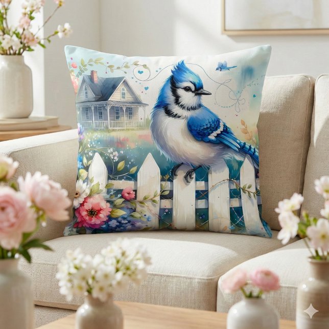 Blåskrikegårdens trädgårdsstaksscen kudde (Blue Jay Cottage Garden Fence Scene Throw Pillow Mockup A)