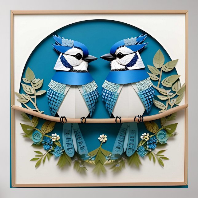 Blåskrikor sittande bland blomsterdetaljer poster (Framsidan)