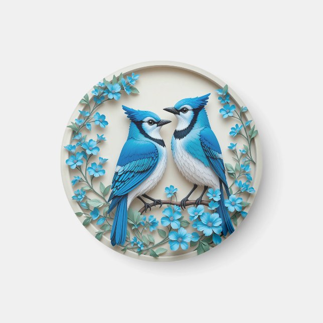 Blåskrikor som vilar på gren Morgonljusscen ✨ Magnet (Framsidan)