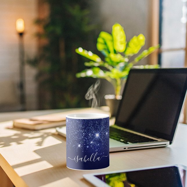 Blåskript i glitter namn, elegant kaffemugg (Skapare uppladdad)