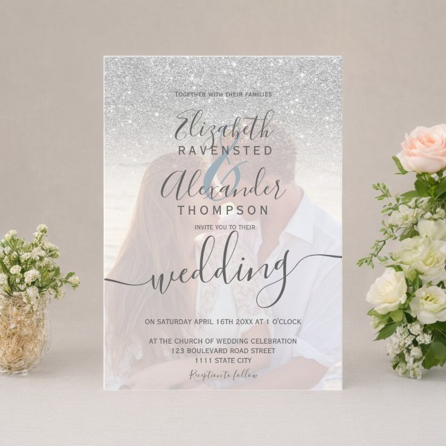 Blåskriptfoto silver glitter bröllop inbjudningar (Silver glitter ombre blue script photo wedding invitation)