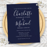 Blåskriptsbröllop för budgetmarint skript<br><div class="desc">Med namnteckning stil namn kan den här elegantens inbjudan till budgetbröllop vara personlig med dina uppgifter i modern typografi. Designad av Thisisnotme©</div>