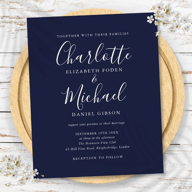 Blåskriptsbröllop för budgetmarint skript (Budget Navy Blue Script Wedding Invitation)