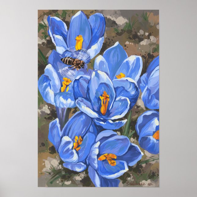 Blåskrubber och bin.Vår blommor.Väggkonst Poster (Framsidan)