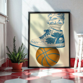 Blåskullig Blommigt Sneaker på basketboll Poster